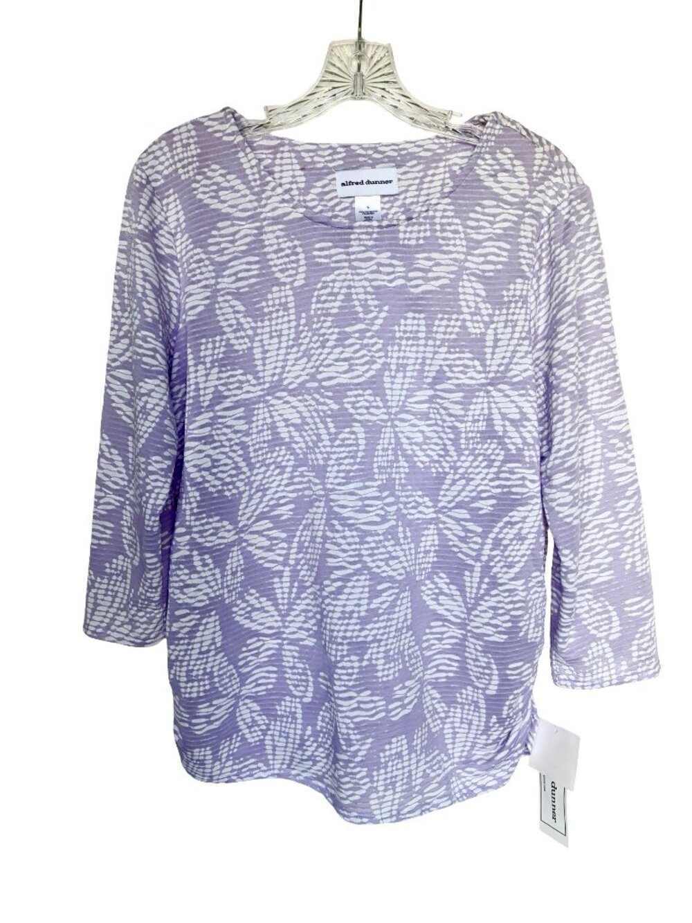 Alfred Dunner Lilac Print Top Sz Small 3/4 Sleeve New